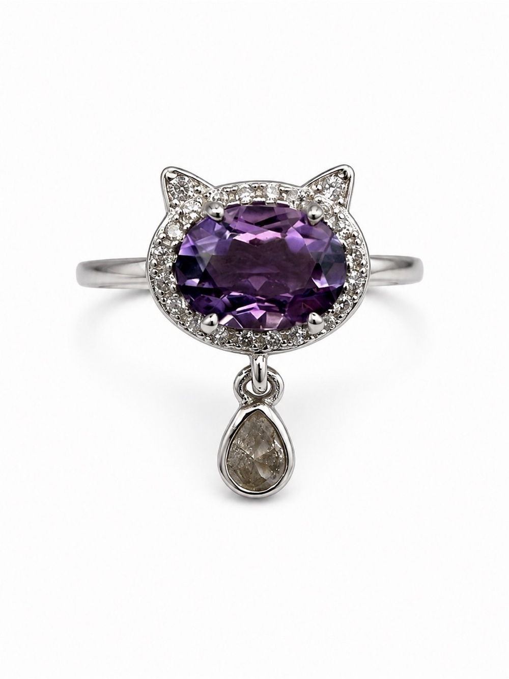 Purple Cat Halo Amethyst Ring with Teardrop Charm